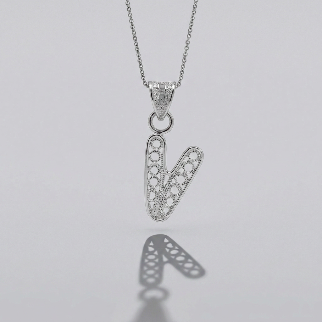 Sterling Silver V Initial Pendant Necklace handcrafted in Malta